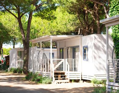 Bungalows modernes entourés de nature avec vérandas et jardins.