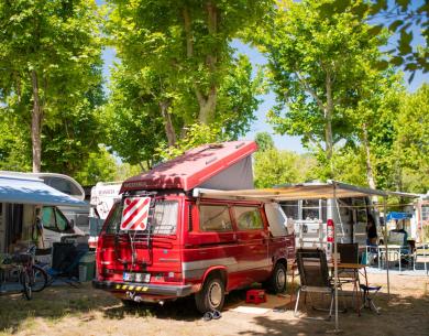 Campers parked in a shaded campground with trees and camping equipment.