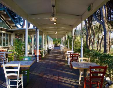 Ristorante all'aperto con sedie colorate e alberi intorno.