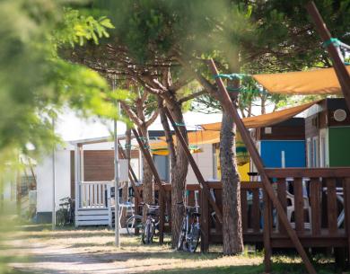 Mobil-homes colorés dans un camping avec vélos et arbres.