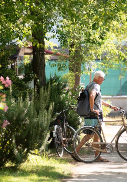 Uomo cammina con bici in un parco verde e soleggiato.