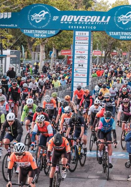 Cyclists at the start of the Nove Colli race in Cesenatico.