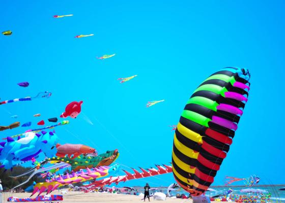 Festival degli aquiloni colorati sulla spiaggia con cielo blu.